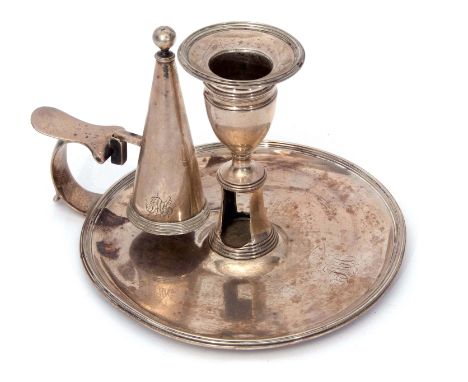 George III chamber stick, the initialled circular saucer base with applied rim and scrolling thumb-piece fitted with a detach