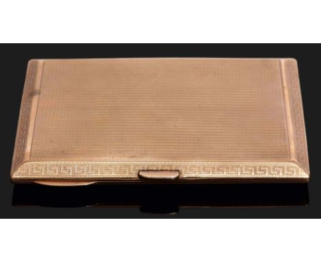 9ct gold Art Deco cigarette case having engine turned decoration front and back, push button catch, with a full length hinge,