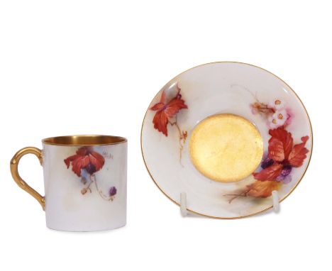 Royal Worcester coffee can and saucer decorated with blackberries and foliage, the can signed by Kitty Blake, the interior wi