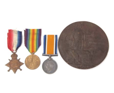 WWI KIA group of three together with death plaque comprising 1914-15 Star, British War Medal and Victory Medal to 12876 Pte T