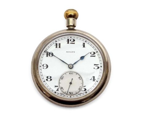 Mid-20th century Govt issue nickel cased open faced keyless deck watch, Rolex, cal 548, the 15-jewel movement with Geneva str