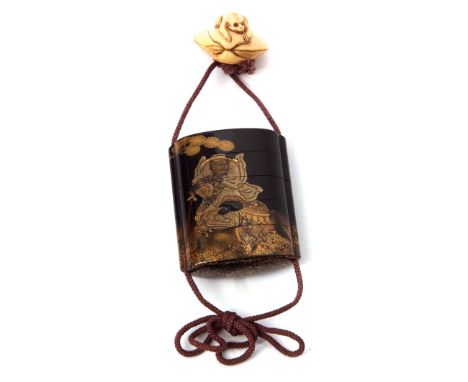 Fine Japanese four-case Inro with ivory netsuke modelled as a monkey on a shell, the case with gilt decoration of a warrior o