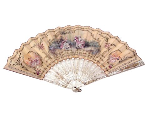 Late 19th century French mother of pearl and silvered 18-stick fan, with pierced and engraved detail to a double-sided silk p
