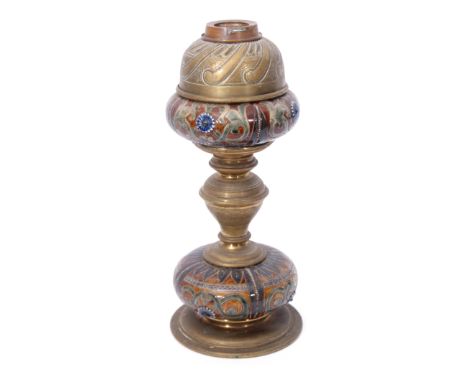 19th century brass oil lamp with pottery reservoir and mount, probably by Lambeth Doulton, with an incised geometric design, 