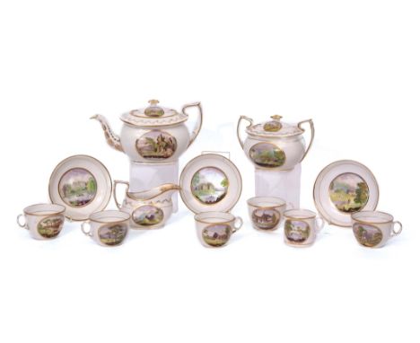 Early 19th century English porcelain tea set, probably by Newhall, pattern 1053, the set decorated with pastoral scenes in co