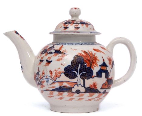 Lowestoft porcelain tea pot and cover circa 1780, decorated in iron red and blue palette with the so-called doll's house patt