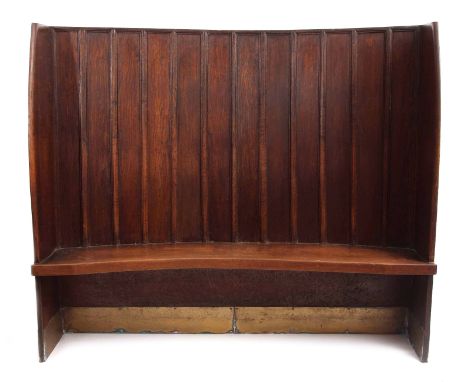 19th Century oak Tavern settle, curved form with boarded back above a solid seat flanked by panel sides. 147cm high 173cm wid