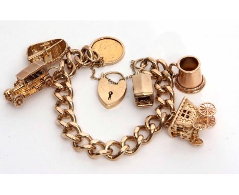 9ct gold curb link bracelet suspending a framed Victorian shield back half sovereign dated 1874, a tankard, a Morris Cowley v