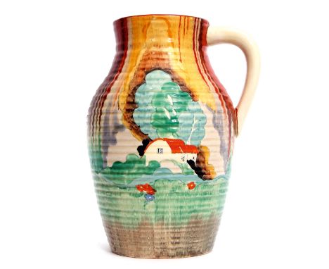 Clarice Cliff Lotus jug, the ribbed body decorated with the Forest Glen pattern, 30cm high 