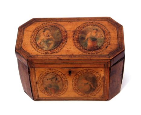 18th century satinwood and birds eye maple tea caddy of canted rectangular form, the lid and front inset with painted panels 