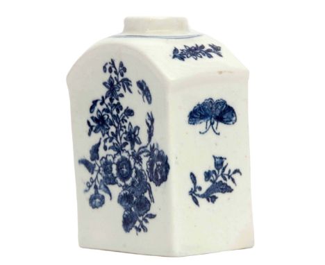 Lowestoft tea caddy decorated with prints of floral sprays after Worcester, 10cm high
