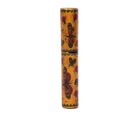 An early 19th century tortoiseshell and lacquer needlecase, of cylindrical form, the engine turned body decorated throughout 