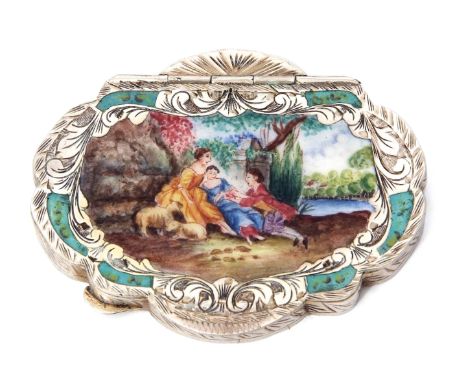 Late 19th/early 20th century silver parcel gilt and enamelled powder compact of shaped oval form, the exterior with all over 