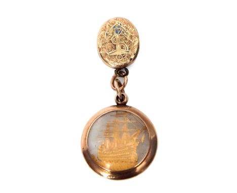 Mixed Lot: comprising a glazed 9ct gold fob of circular form with ring suspension and glazed both sides and containing an eng