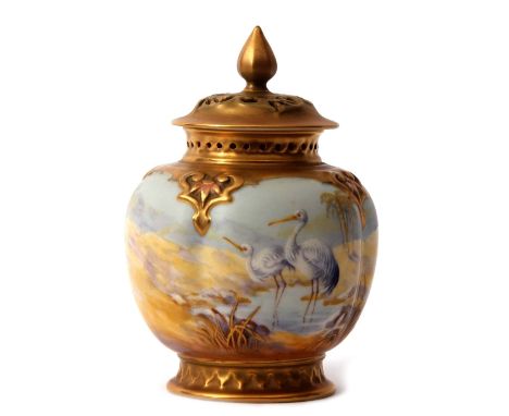 Royal Worcester globular vase with reticulated cover, the vase of lobed shape decorated with a desert scene including wading 