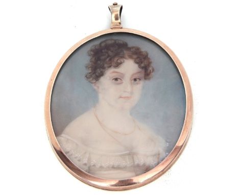 English School (18th century), Head and shoulders portrait of a lady in white lace frilled dress, portrait miniature, 8 x 6cm