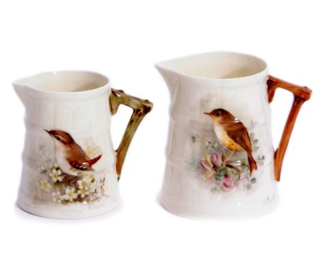 Pair of Royal Worcester jugs, painted with birds, signed by W Powell, one with a painting of a nightingale with title to base