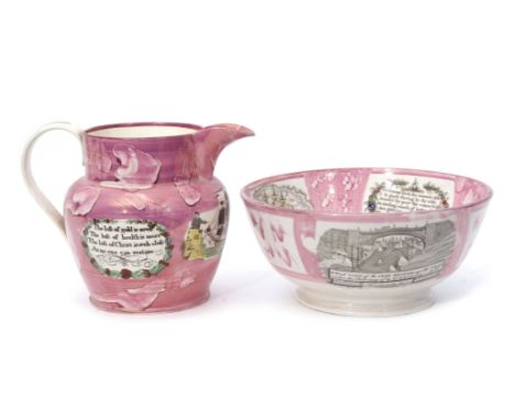 Sunderland lustre jug and a large bowl, both decorated with splash pink lustre, the jug decorated with a warship and verses, 