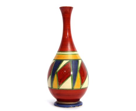 Clarice Cliff Bizarre vase, the pear shaped body decorated with a geometric design in tones of green, blue, yellow and red, 2
