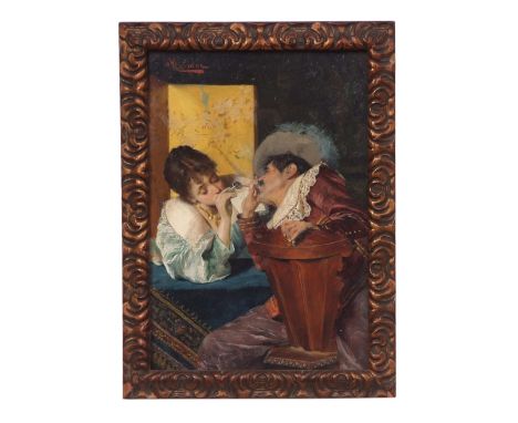 Pompeo Massani (1850-1920), Interior scene with romantic couple, oil on panel, signed top left, 13 x 19cm