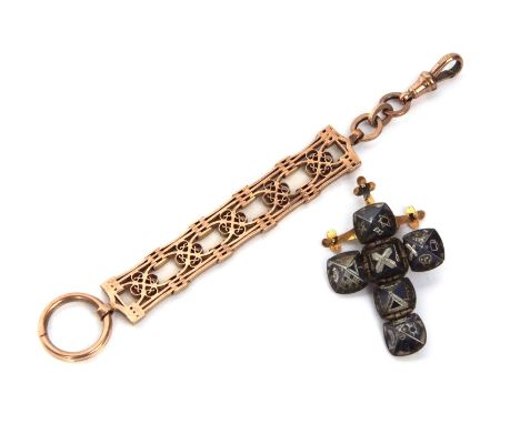Late 19th century 9ct gold fancy gate link short watch chain with split ring suspension and fitted swivel together with a Mas