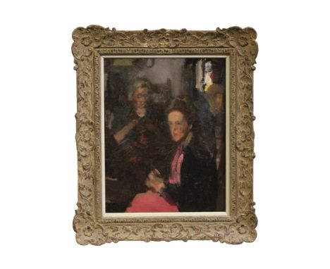 AR Patrick Lambert Larking, RP, ROI, NS (1907-1981) "Mother and daughter at tea", oil on panel, Note: sketch for the larger w