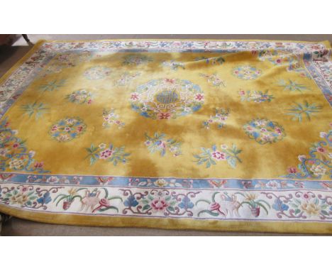 Good quality modern Indian or Chinese thick pile wool large carpet, double gull border, central panel of geometric floral cir