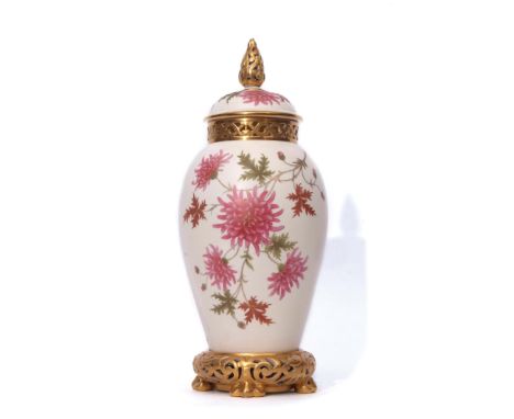 19th century Royal Worcester Grainger baluster vase on a reticulated gilt base, the blush ground decorated in pink with flora