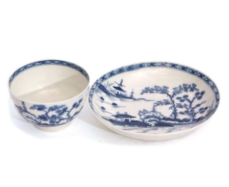 Worcester tea bowl and saucer decorated in blue and white with the Cannon Paul pattern with Worcester crescent mark to the ba