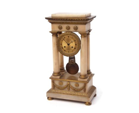 Late 19th century French white alabaster and gilt brass portico clock, the plinth shaped case with stepped pediment and overh