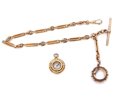 Late 19th century 9ct gold fancy link watch chain set with T-bar and swivel and also a 9ct gold mounted and glazed compass, l