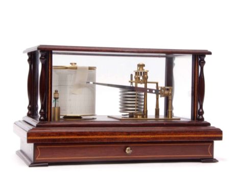 Modern mahogany and boxwood line inlaid barograph, E L B Barometer, Dereham, Norfolk, the plinth shaped case fitted with a co