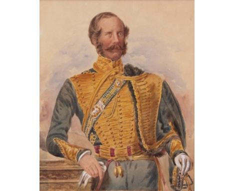English School (19th century), Portrait of an officer of the 10th Hussars, watercolour, 37 x 30cm