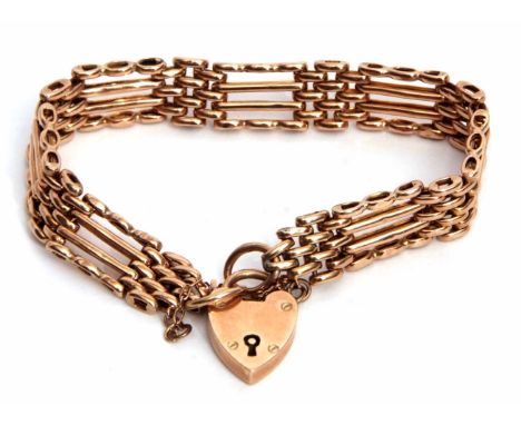Antique four-bar fancy link gate bracelet, stamped 9c with heart padlock and safety chain fitting, 14.2gms