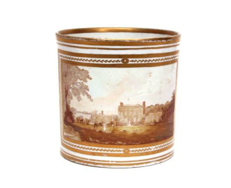 Rare large English porcelain porter mug with Chinese type handle, circa 1800, probably Mansfield, decorated by William Billin