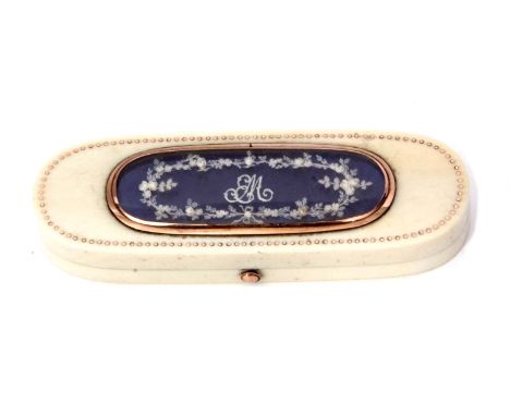 Early 19th century ivory, gold and enamel toothpick box of hinged oval form, the cover with pique work surround to a glazed p