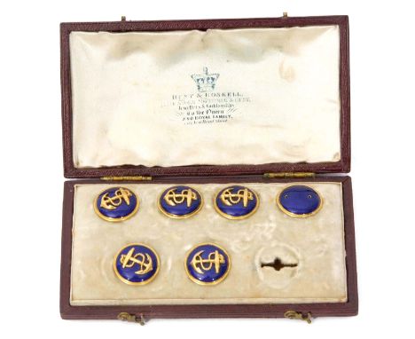 Cased set of six (of seven) yellow metal and enamelled waistcoat buttons, each of circular form with dark blue guilloche enam