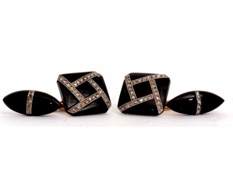 Pair of Art Deco style cuff links, the square front plaque and torpedo shaped fastener both set with small diamonds, chain co