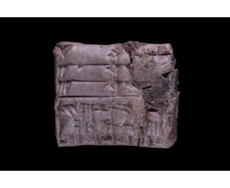 Ca. 1900 BC. A clay cuneiform tablet in a light brown fabric with a written script on both sides. Cuneiform (from cuneus, Lat