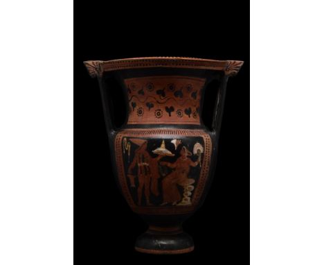 Ca. 350-300 BC. A large and superb Apulian pottery Column krater with a decorative frame. From right to left, on the A-side a