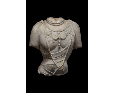 Ca. 618–907. Chinese Tang Dynasty (or later).. A beautiful marble torso of a bodhisattva elegantly adorned with an astonishin