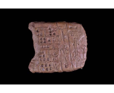 Ca. 3100-2900 BC. A pictographic tablet, rectangular in form, with lines of proto-cuneiform written in columns, recording the