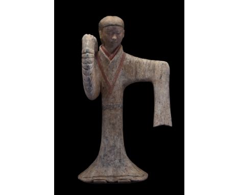 Ca. 202BC - 220AD. A well-modelled, pottery standing female dancer with arms stretched out, the hands well hidden within the 