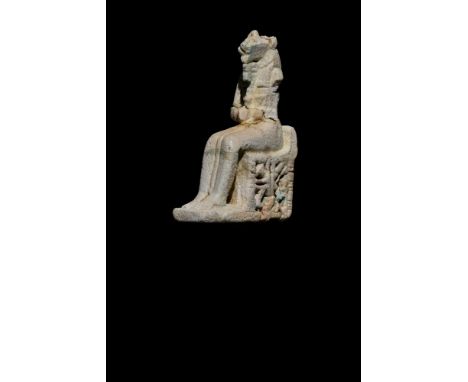 Late Period - Ptolemaic Dynasty, c. 663-30 BC. Statuette of the war god Maahes enthroned on a modern stand. His leonine head 