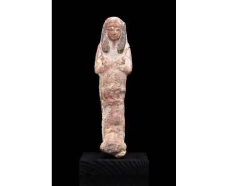 New Kingdom period, Ca. 1292 -1077 BC, 19th - 20th Dynasty, Ramesside Period. A mummiform ushabti formed of painted pottery i