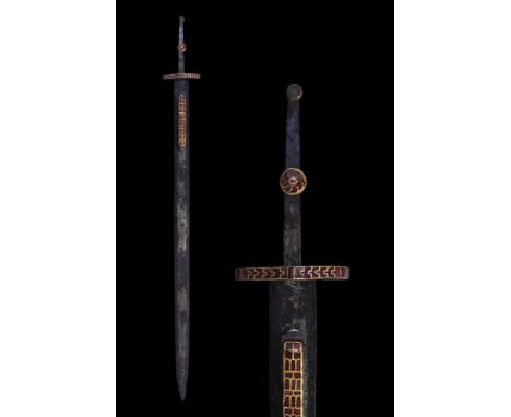 Ca. 600 AD. A long Migration period iron sword with rare patterned Damascus steel blade, comprising a lentoid-section paralle