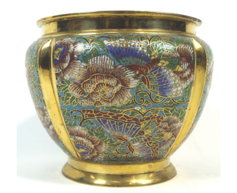 A baluster form Japanese brass planter, decorated with four polychrome champleve decorated panels of butterflies and chrysant