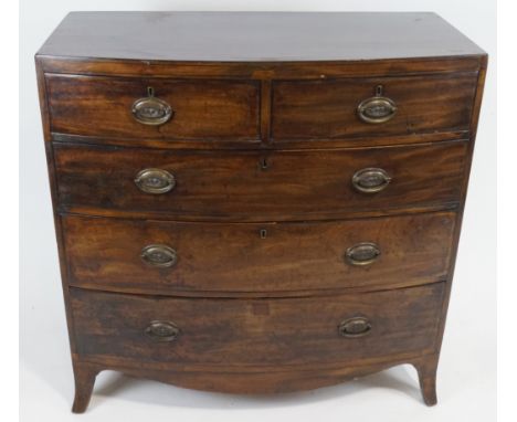 A 19th century mahogany bow front chest of two short and three long drawers on splayed bracket feet with shaped apron, 100cm 