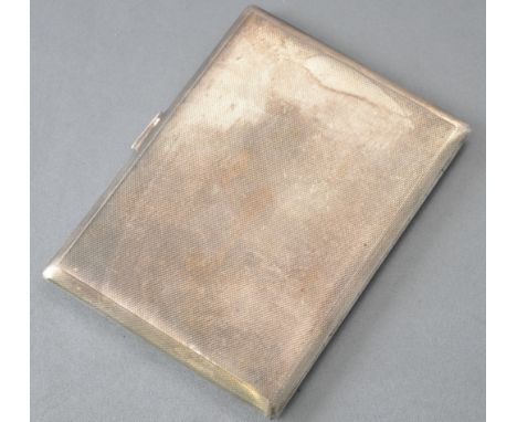 A plain rectangular form engine turned silver cigarette case with gilt interior, Garrard &amp; Co, Birmingham 1942, 12cm x 9c