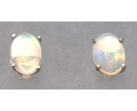 A white metal pair of single stone stud earrings. Each set with an oval cabochon cut welo opal. Post and scroll fittings. No 